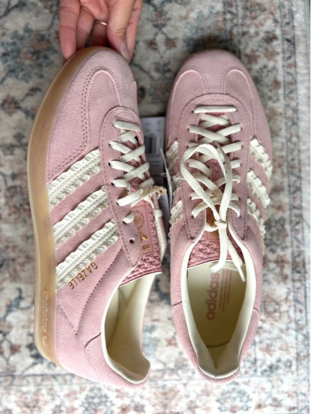 Women’s 10 USA Pink Suede Adidas Gazelle Ruffle Ribbon Sides